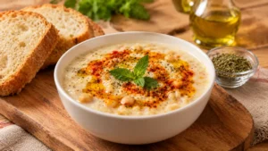 Mat beyaz seramik kasede naneli tereyağı ile servis edilen nohutlu yoğurtlu buğday çorbası.