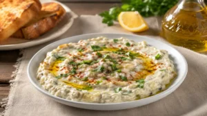 Beyaz seramik meze tabağında servis edilen yoğurtlu köz patlıcan mezesi, üzerine zeytinyağı, pul biber ve ince kıyılmış maydanoz eklenmiş.