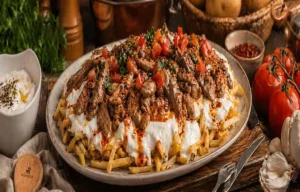 Yoğurtlu etli ve patatesli çökertme kebabı, domates ve sarımsak karışımlı.