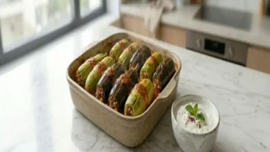 Mermer tezgah üzerinde kabak ve patlıcan dolması yemeği.