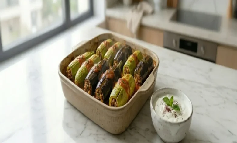 Mermer tezgah üzerinde kabak ve patlıcan dolması yemeği.
